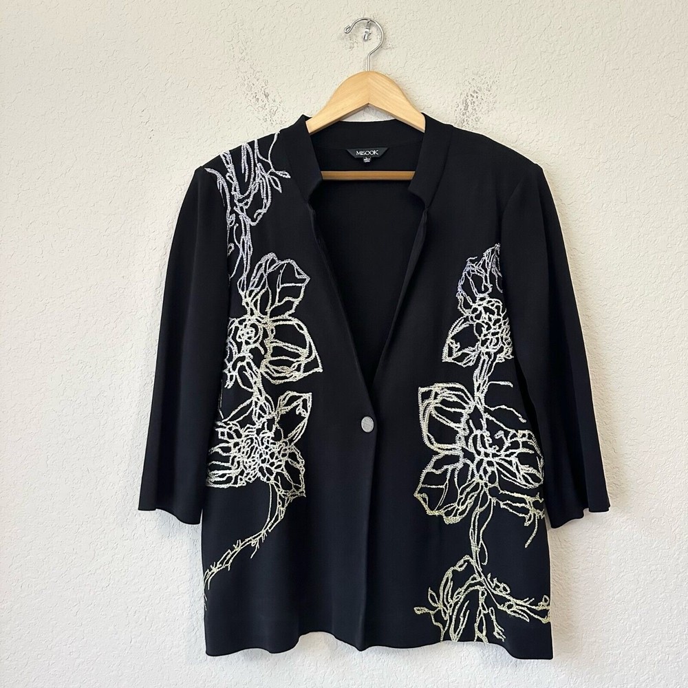 MISOOK Embroidered One Button Knit Suit Jacket Black Shoulder Padded